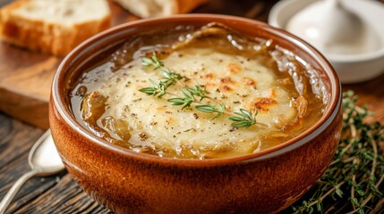 French Onion Soup Close-up, Brown Bowl, Cheese Crouton, Thyme, Rustic, FrenchCuisine French Onion Soup, French Cuisine