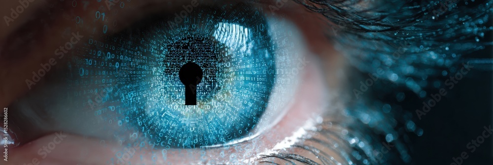Poster secure vision represented by an eye within a digital padlock illustrating data protection and privac
