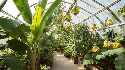 Obraz premium fruit plant with wide tropical leaves and hanging banana