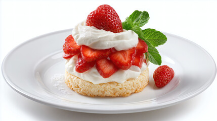 Classic Strawberry Shortcake with Whipped Cream and Mint Garnish on White Plate