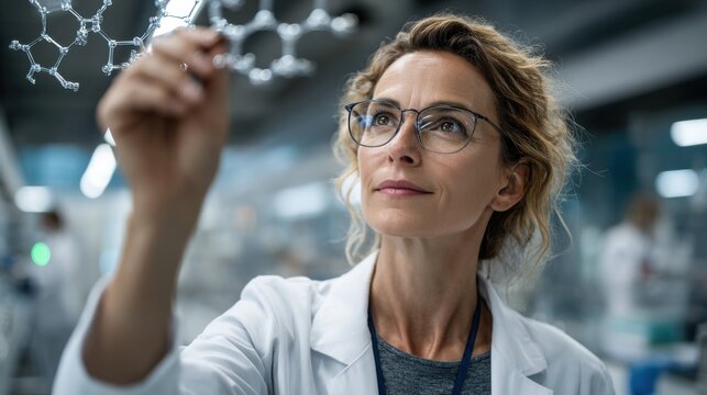A scientist in a laboratory meticulously studies a molecular model, showcasing deep concentration while surrounded by advanced equipment and a contemporary research environment.
