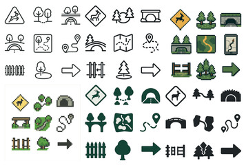 Nature and hiking icons set - pixel art, solid, outdoor adventure symbols