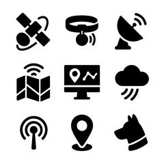 Satellite Technology Icons. Solid, Filled icon set of satellite tracking technology: orbiting satellite, collar tag signal,
