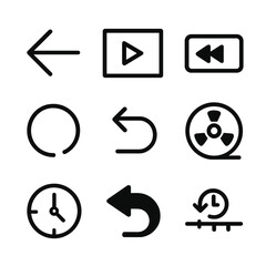 Time Rewind Icons. Outline icon set of time rewind actions: backward arrow, reverse frame, rewind tape, counterclockwise hands,