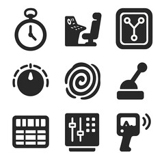 Time Travel Icons. Solid, Filled icon set of time travel devices: pocket watch, time machine console, flux capacitor, dial knob,