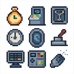 Time Travel Icons. Pixel art icon set of time travel devices: pocket watch, time machine console, flux capacitor, dial knob, time