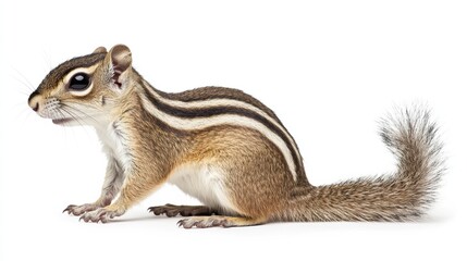 Side-view, full-body shot of a funny chipmunk, against a solid white background