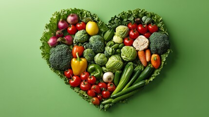 Heart-Shaped Vegetable Composition Colorful Produce Arranged in a Loving Heart Shape, Green Background, healthy eating, vegetarian food healthy diet, heart health