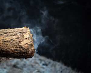 Fototapeta premium the edge of a log in a fire pit with smoke emanating from the end with copy space. exothermic reaction, fire safety, or bonfire design element.
