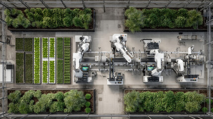 Bird's-eye view of smart greenhouse with robotic arms working over hydroponic beds, rows of lush green lettuce, AI-controlled climate system and precision agriculture setup