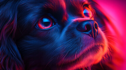 Cavalier King Charles Spaniel Portrait in Neon Red and Blue Light