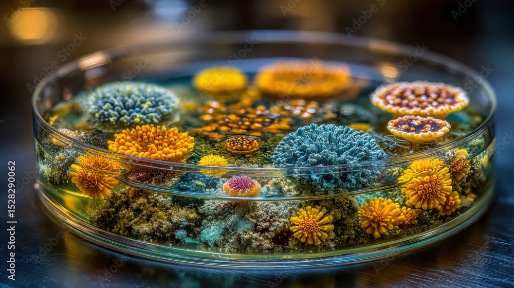 Poster a petri dish filled with various fungal cultures displays a fascinating array of colorful textures. 