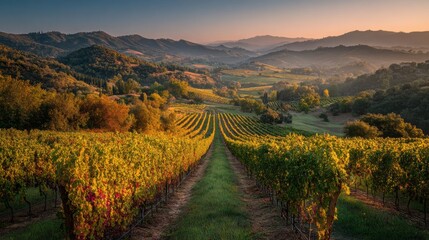 Sunset casts a warm glow over a picturesque vineyard with rows of grapevines stretching through the valley. The mountains provide a stunning backdrop to this tranquil setting.
