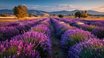 Obraz premium Lavender blooms create colorful rows against rolling hills at dusk. The setting sun casts a warm glow, enhancing the beautiful purple hues and inviting tranquility.