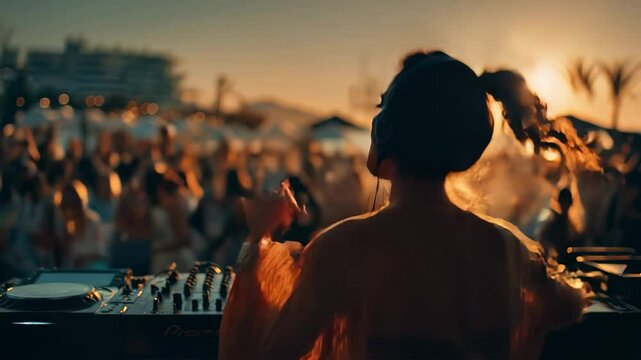 Female DJ performing at sunset beach party with crowd dancing in background.