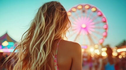 A young woman stands at a funfair gazing at the brightly lit Ferris wheel, embodying joy and nostalgia against a backdrop of colorful amusement attractions at sunset.