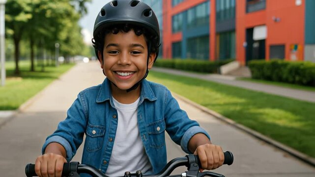 Smiling child riding bicycle with helmet on urban park path.