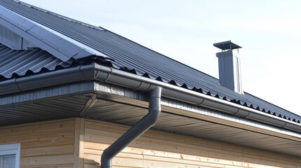 Modern House Roof with Gray Metal Gutters and Chimney, Roofing, House Construction Roofing, Gutters
