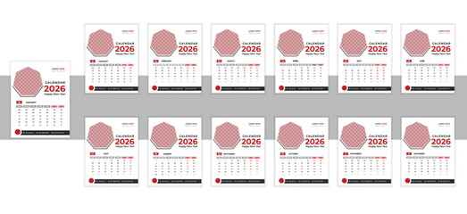 Unique modern colorful 2026 new year calendar design.New Calender design template 2026 vactor design wall calender12 month.Wall calendar design template for 2026, minimalist, clean, and elegant design