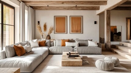 Fototapeta premium Modern Rustic Living Room Design L-Shaped Sofa, Earthy Tones, Wooden Beams, Interior Design, Home Decor. Rustic, Modern