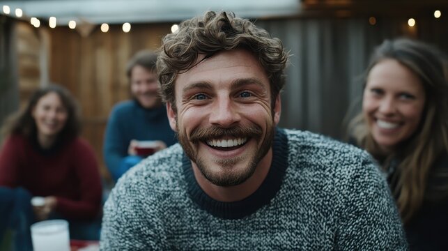 A smiling man is captured in a joyful moment with friends in an outdoor gathering, showcasing connection, laughter, and the warmth of camaraderie under string lights.