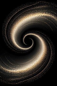 Swirling patterns of golden particles create a mesmerizing vortex in the dark space
