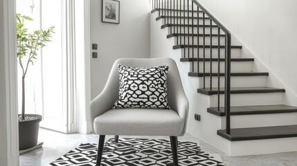 Monochromatic Stairwell Interior Design Grey Chair, Black and White Pillow, Geometric Rug, Modern Minimalist Style, Interior Decor, Home Design Interior Design, Home Decor