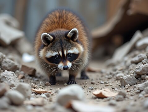 Curious Raccoon Exploring Urban Construction Site Surrounded