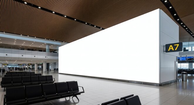  Blank wall mockup in modern airport terminal interior with clean seating layout and bright space for creative poster or display concept template. 3D Rendering 