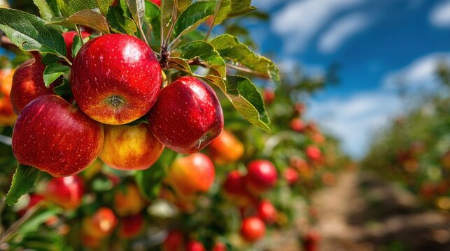 Clusters of vibrant red apples dangle from green branches in an orchard under a clear blue sky. It's a bright day perfect for apple picking and enjoying nature's bounty.
