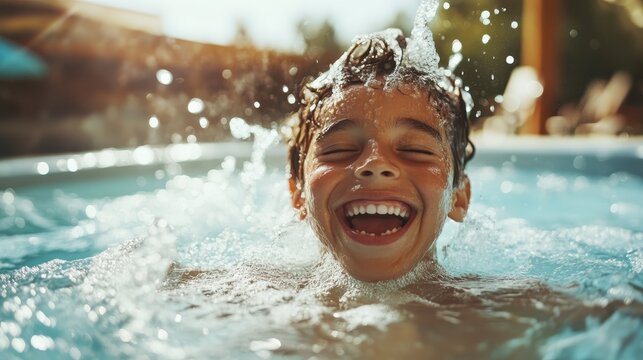 A happy child splashes joyfully in a swimming pool, with water droplets around, capturing the exuberance of childhood and the carefree spirit of summer adventures.
