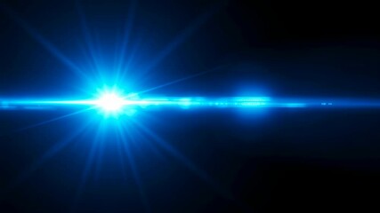 Bright blue light flare on black background. Optical lens flare with horizontal beam effect. Abstract digital effect for overlay or transition footage. - Powered by Adobe
