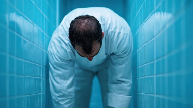 A man in a sterile environment appears to be in distress, highlighting the emotional toll of challenging work in healthcare or high-pressure situations affecting mental health.