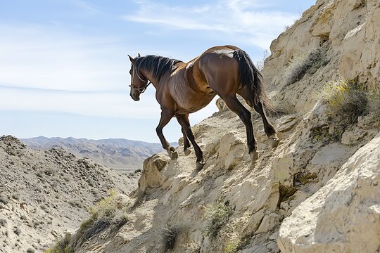 terrain Basha horse climbing steep trail in remote