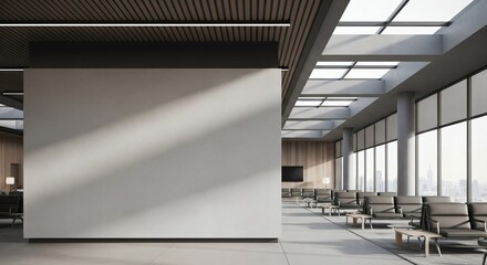 Fototapeta premium Blank wall mockup in modern airport terminal interior with clean seating layout and bright space for creative poster or display concept template. 3D Rendering 