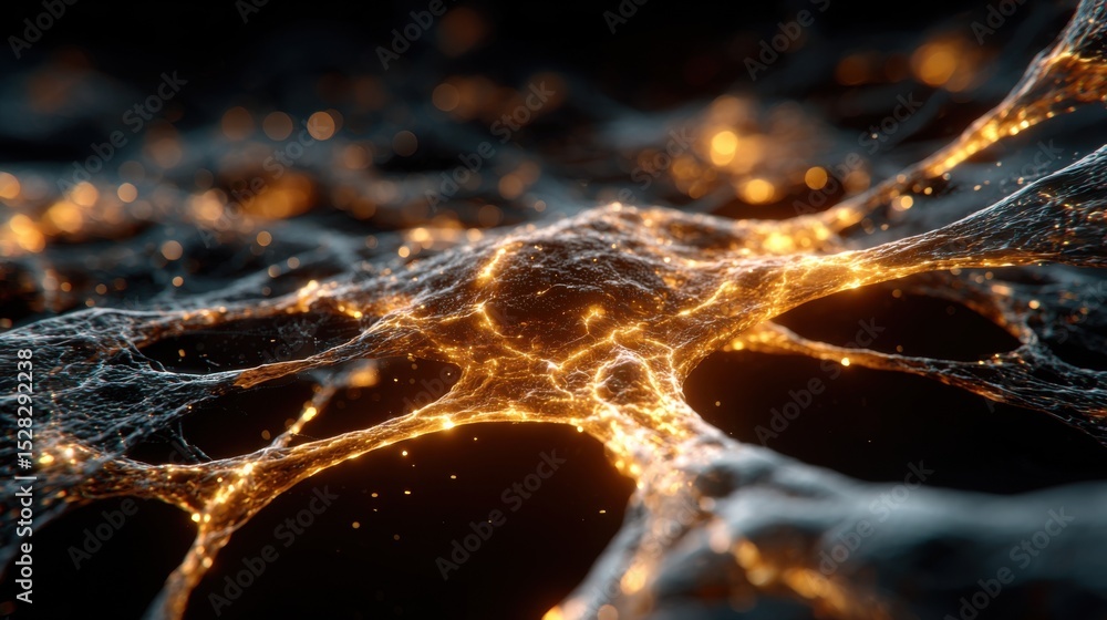 Poster a complex network of glowing neurons showcases their intricate connections against a dark backdrop, 