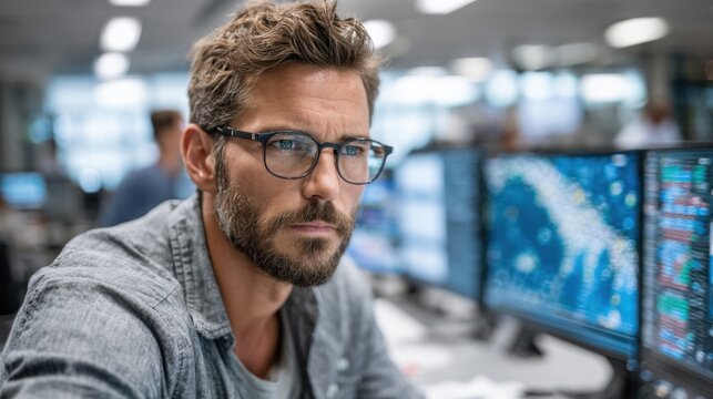 A man with glasses is concentrating on his work amidst multiple computer screens displaying various data. The setting is a modern office with busy colleagues around.