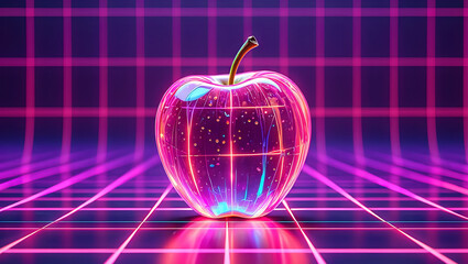 A striking pink apple with a glossy surface sits at the center of a retro-inspired grid. The background features glowing lines and a vibrant purple hue, enhancing the futuristic atmosphere