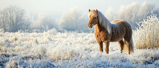 field Bashkir Curly horse with curly winter coat in frosty