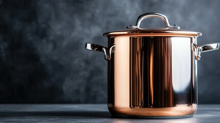 This image features a polished copper cooking pot placed elegantly against a dark textured background, highlighting its reflective surface and sleek design, evoking feelings of warmth.