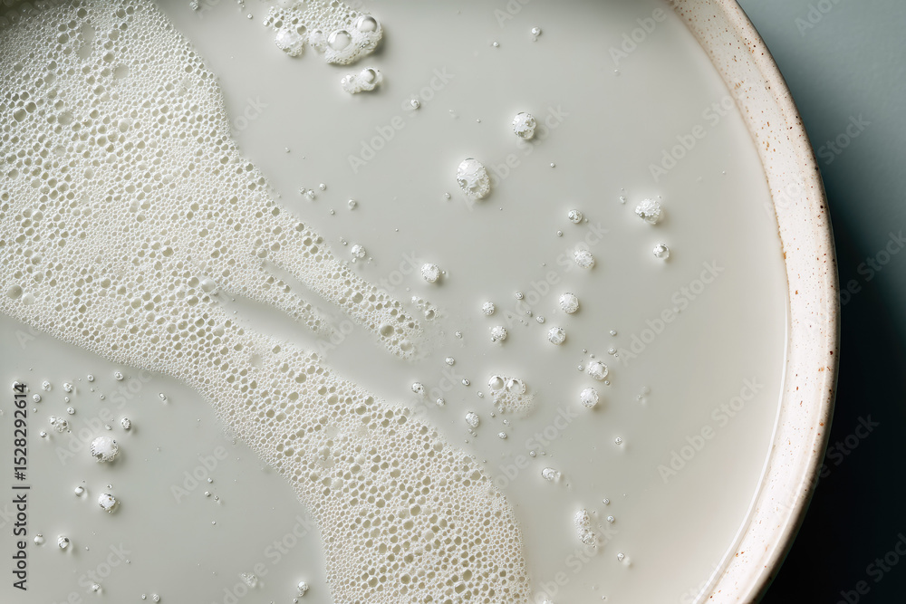 Poster close up view of creamy liquid with bubbles on ceramic tray, showcasing texture and detail. surface 