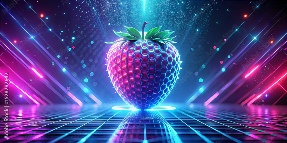 Poster a striking strawberry designed with a neon mesh pattern stands center stage, surrounded by colorful 
