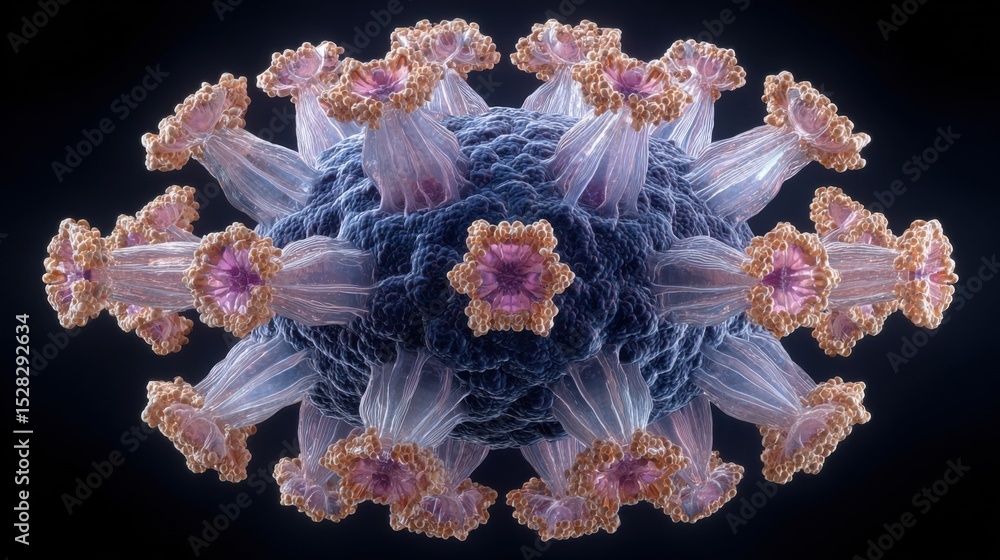 Poster a highly magnified representation of a virus illustrates its unique shapes, colors, and features. th