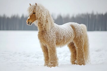 Bashkir Curly horse with curly winter coat in snow covered scene