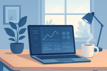 Cozy home office with laptop, coffee cup, and sunlight, AI generated