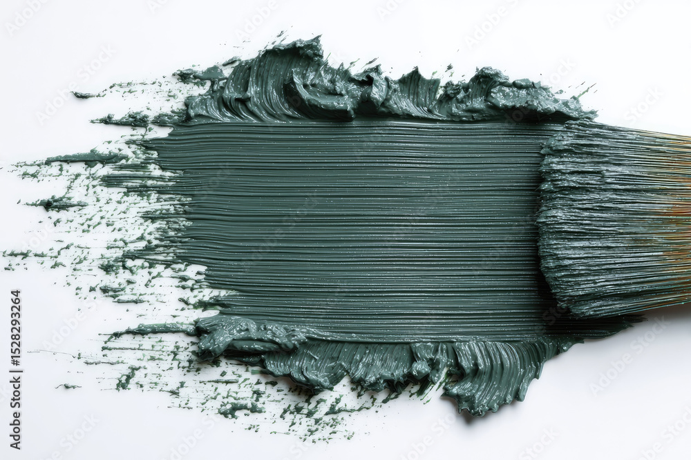 Poster textured spread of green clay is applied with bamboo brush on white surface, showcasing smooth and a