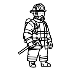Brave Firefighter in Full Gear Line Art Illustration of a Firefighter Ready for Action