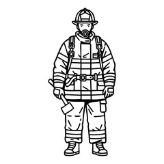 Line Art Illustration of a Firefighter in Full Protective Gear, Ready for Action A Detailed Drawing of a Firefighter's Uniform and Equipment