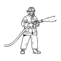 An outlined drawing of a firefighter in full gear, holding a hose and spraying water, on a white background, perfect for a coloring book or simple illustration