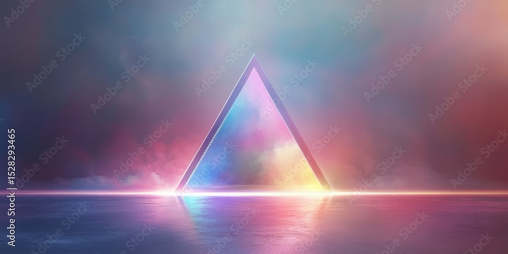 Poster abstract triangle portal with neon lights and reflections on a wet surface